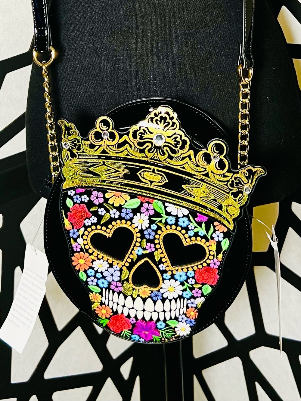 Betsey Johnson Black w/Gold Kitsch Halloween Queen Sugar Skull Crossbody NWT - Picture 12 of 12